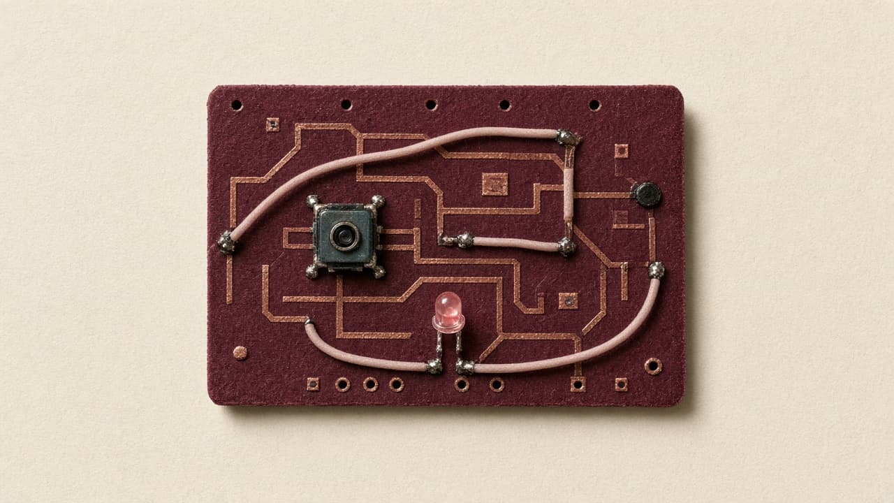 Protoboard vista de cima, com trilhas de cobre, um sensor e fios sobre a mesa de trabalho.