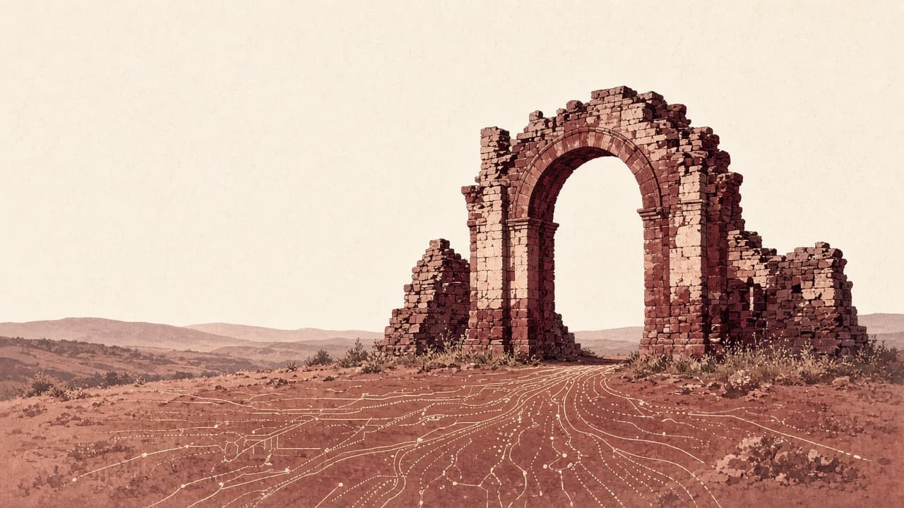 Arco missioneiro em vinho e creme, com traços de circuito saindo do território.