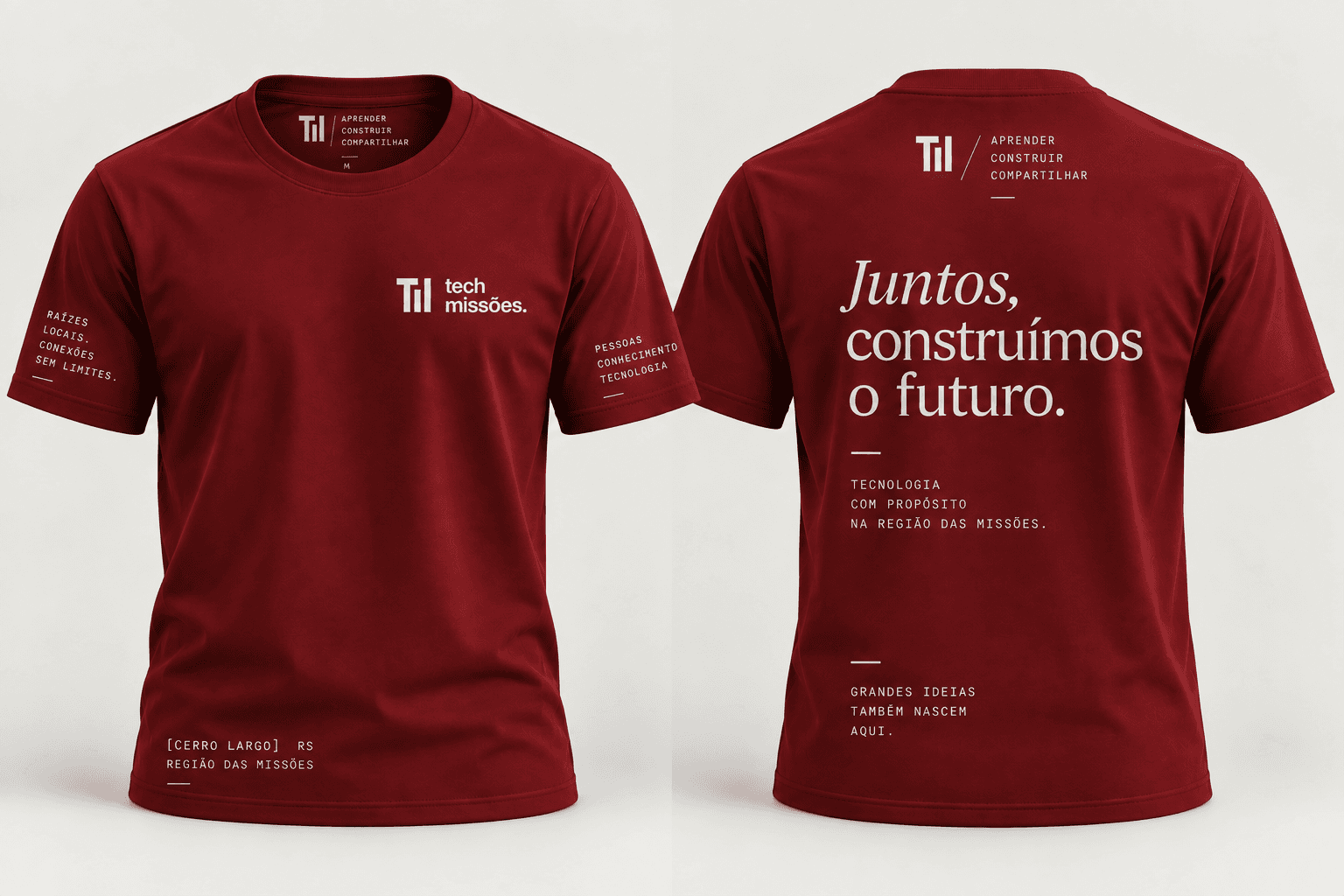 Frente e costas da camiseta vermelha da Tech Missões, com a marca da comunidade e o slogan Juntos, construímos o futuro.